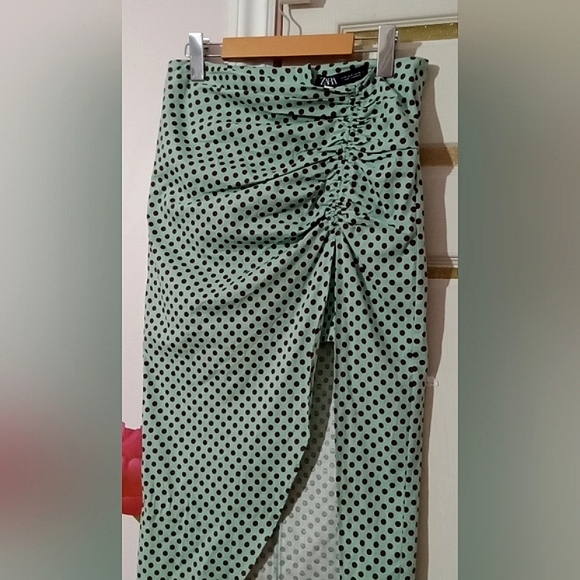 ZARA🐞Linen Ruched Mint Green Polka Dot Asymmetrical Maxi Pencil Skirt Sz:M - Picture 7 of 12